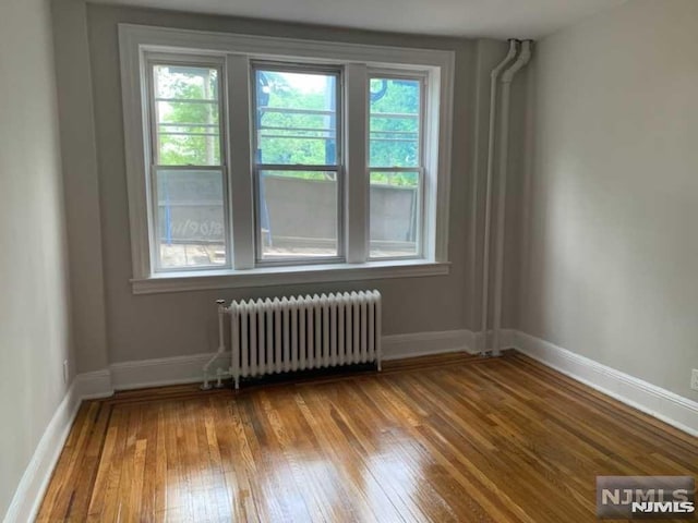 spare room featuring radiator heating unit and light hardwood / wood-style flooring