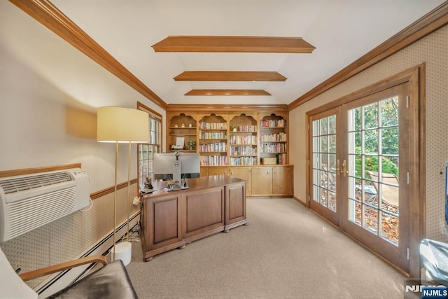 office featuring light colored carpet, french doors, crown molding, and lofted ceiling with beams