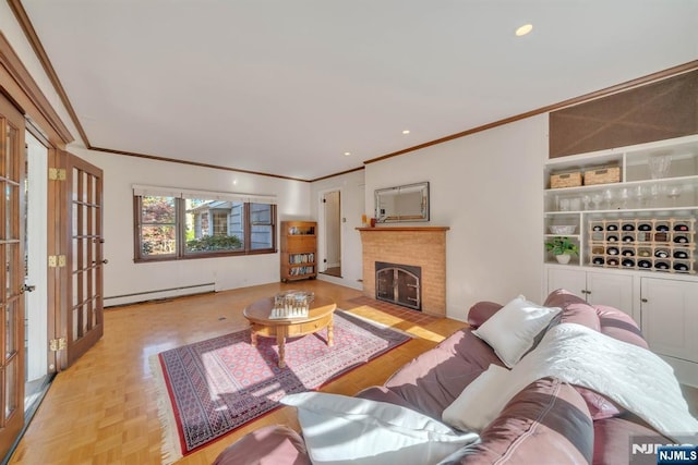 living room with baseboard heating, recessed lighting, a fireplace, and crown molding