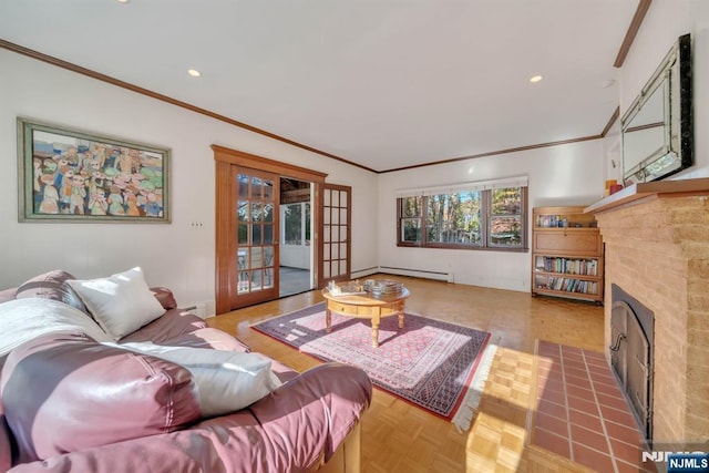 living area featuring recessed lighting, a fireplace, french doors, and ornamental molding