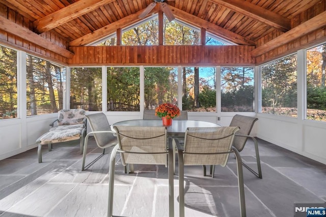 sunroom / solarium with vaulted ceiling with beams and wood ceiling