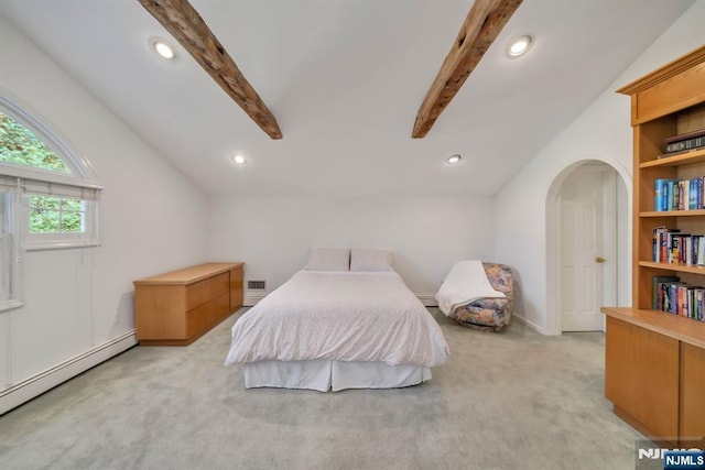 bedroom featuring light colored carpet, lofted ceiling with beams, baseboard heating, recessed lighting, and arched walkways