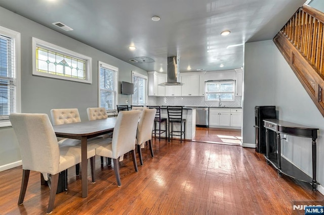 dining area with sink, plenty of natural light, and dark hardwood / wood-style floors