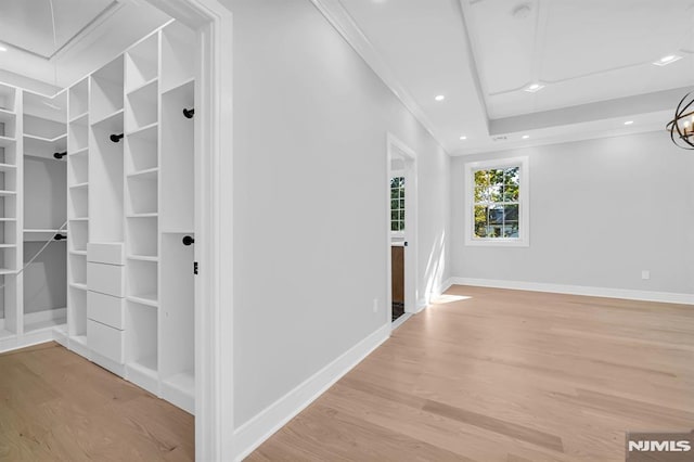 hall featuring light hardwood / wood-style floors and crown molding