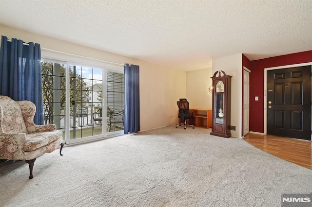 sitting room with a textured ceiling and carpet flooring