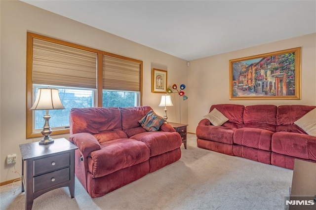 living room featuring light colored carpet