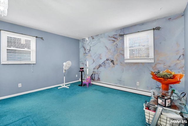 unfurnished room featuring a baseboard radiator and carpet