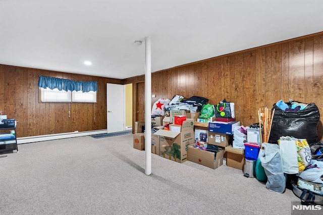 basement featuring wooden walls and carpet