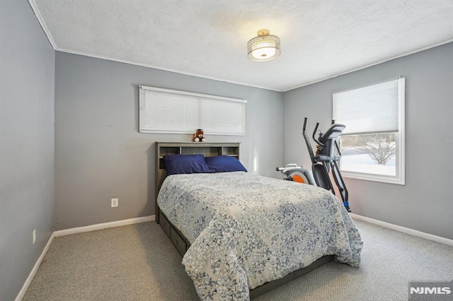 carpeted bedroom with a textured ceiling