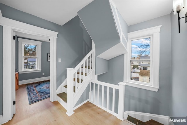 stairway featuring wood-type flooring and a wealth of natural light