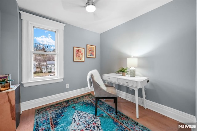 office featuring hardwood / wood-style floors and ceiling fan