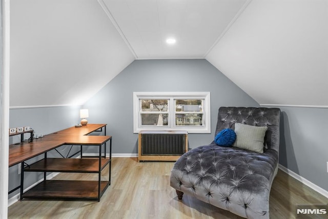 living area with vaulted ceiling and light hardwood / wood-style flooring