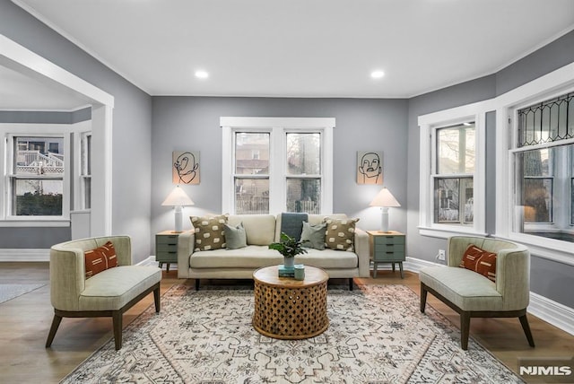 sitting room featuring ornamental molding and light hardwood / wood-style flooring