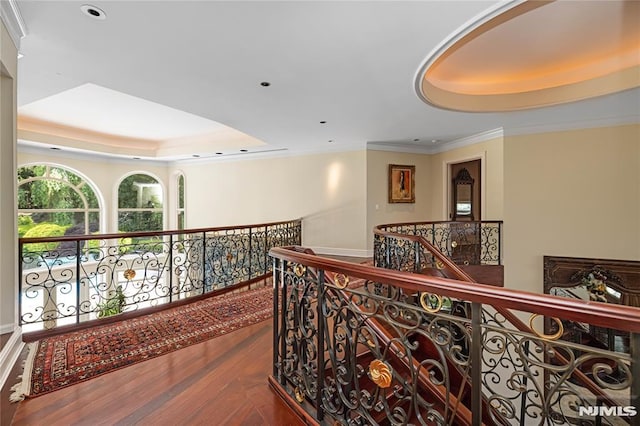 hallway featuring wood-type flooring, a tray ceiling, and ornamental molding