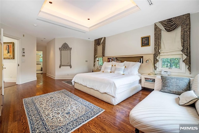 bedroom with dark hardwood / wood-style floors and a tray ceiling