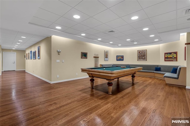 game room with wood-type flooring, pool table, and a drop ceiling