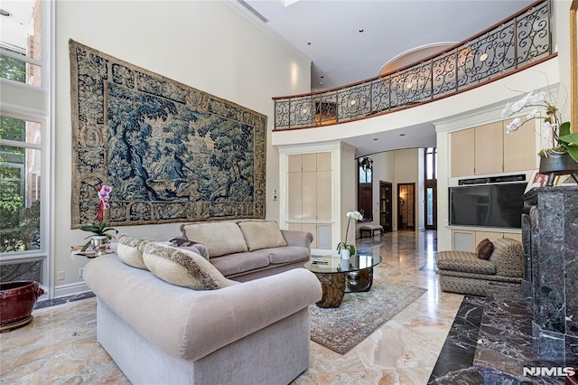 living room with a high ceiling