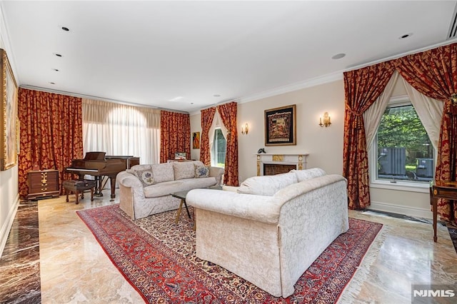 living room featuring crown molding