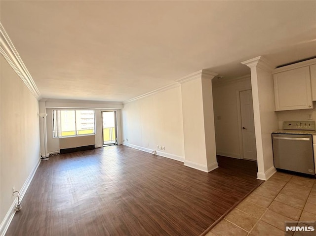 unfurnished living room with crown molding, wood-type flooring, and decorative columns