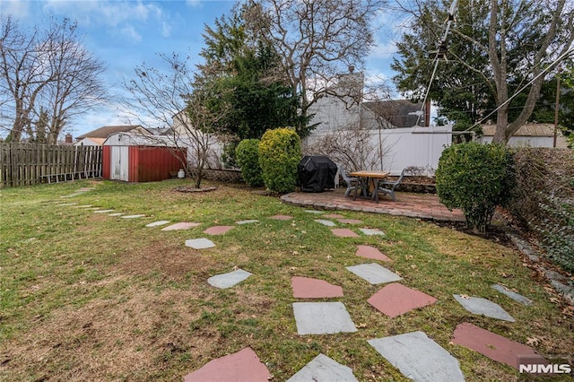 view of yard featuring a storage unit and a patio