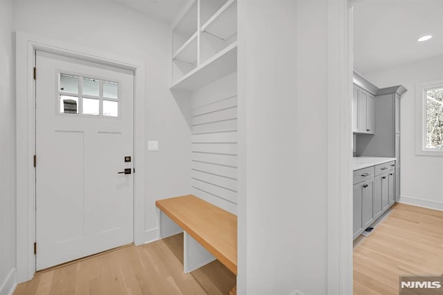 mudroom with light hardwood / wood-style floors