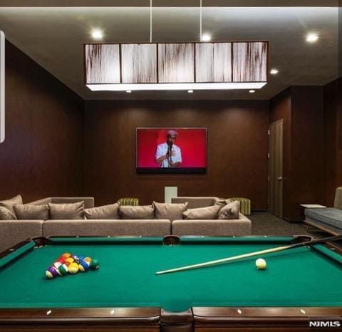 rec room with carpet flooring and billiards