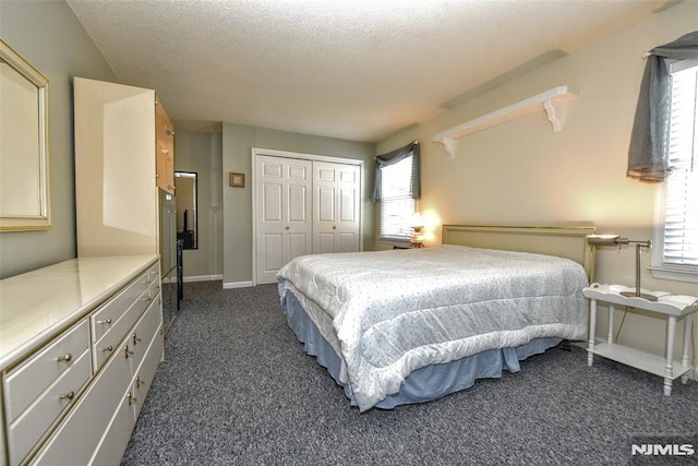 carpeted bedroom with a closet, multiple windows, and a textured ceiling