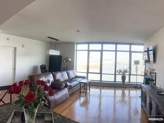 living room featuring a wall of windows, a healthy amount of sunlight, and wood-type flooring