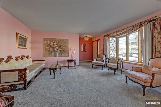 living room featuring carpet and a baseboard radiator