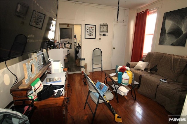 living room with dark wood-type flooring