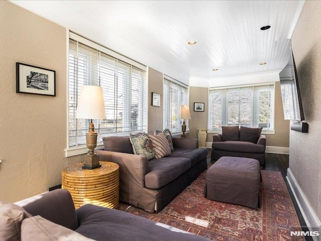 living room featuring wood ceiling and a healthy amount of sunlight