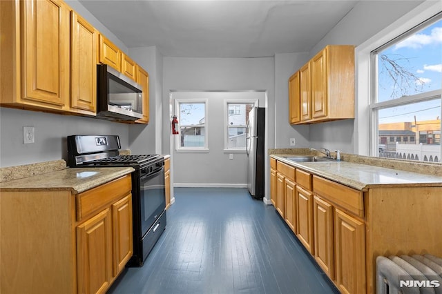 kitchen with appliances with stainless steel finishes, dark hardwood / wood-style flooring, plenty of natural light, and sink