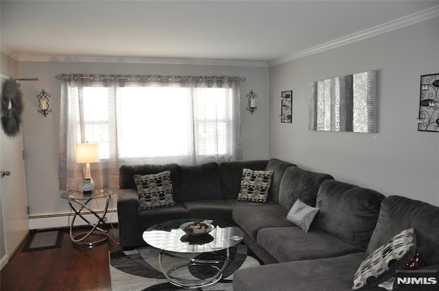 living room with a baseboard heating unit, a wealth of natural light, ornamental molding, and wood-type flooring