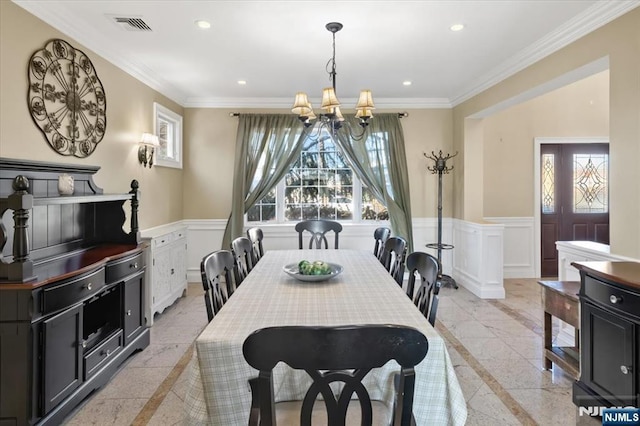 dining space featuring recessed lighting, visible vents, plenty of natural light, and an inviting chandelier