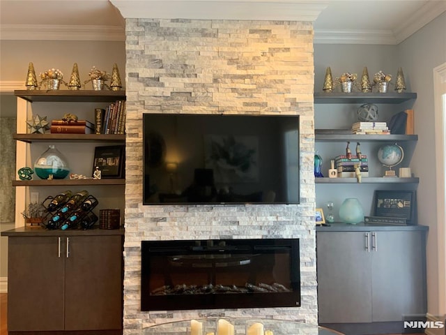 details featuring a stone fireplace and ornamental molding