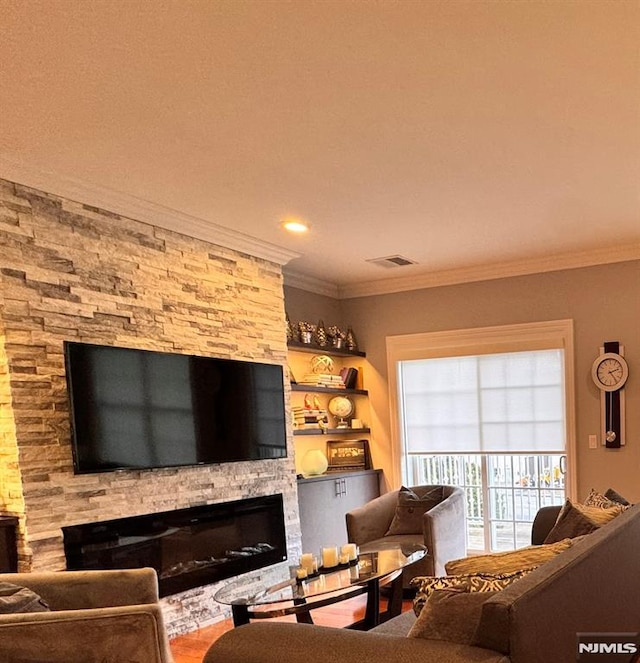 living room with crown molding and a fireplace