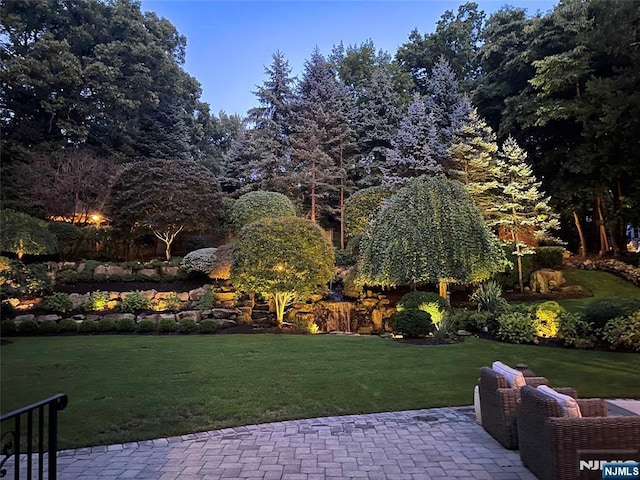 view of property's community with a lawn and a patio area