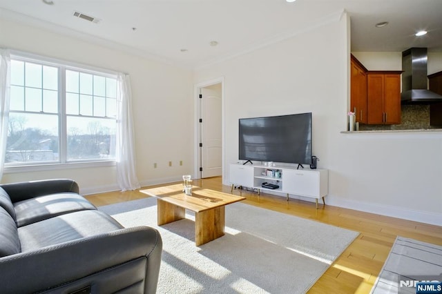 living room featuring crown molding and light hardwood / wood-style flooring