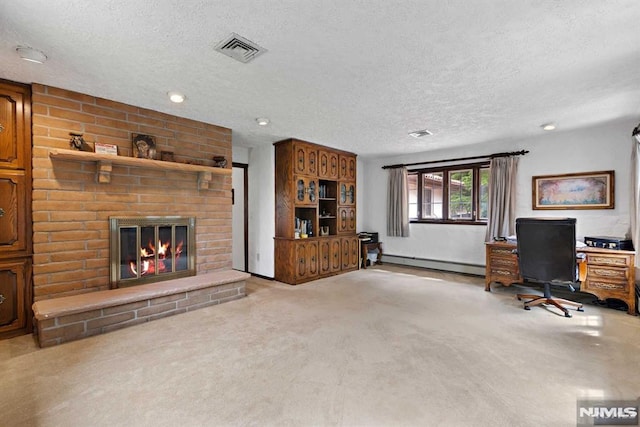 unfurnished living room with a fireplace, light colored carpet, a baseboard radiator, and a textured ceiling