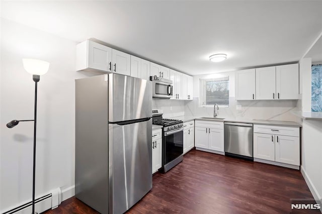 kitchen featuring a baseboard radiator, white cabinets, appliances with stainless steel finishes, tasteful backsplash, and sink