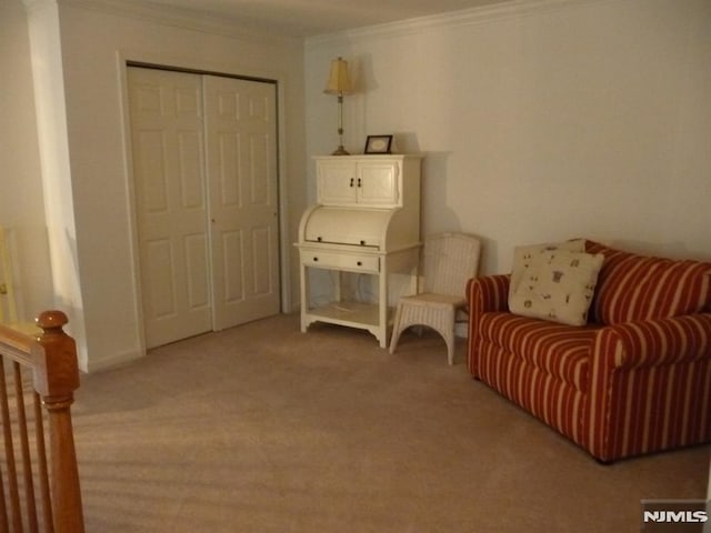 sitting room featuring carpet and crown molding