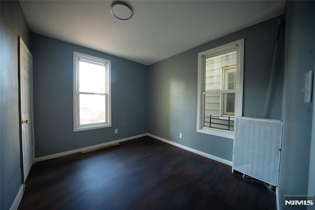 unfurnished room with dark wood-type flooring