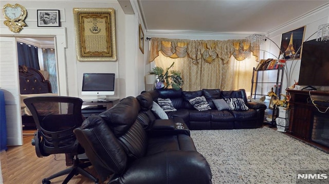 living room with wood-type flooring and ornamental molding