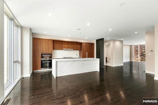 kitchen with double wall oven, a kitchen island with sink, and sink