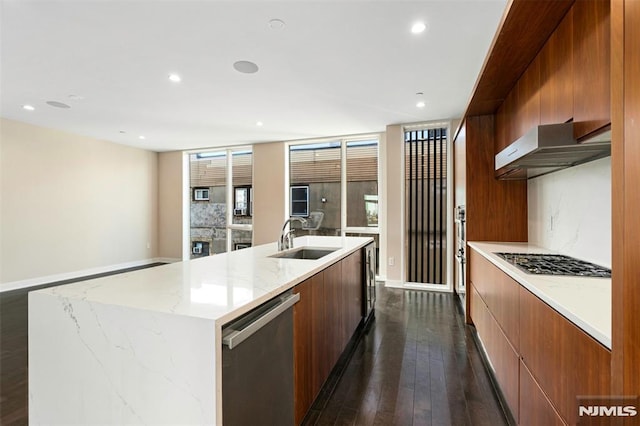 kitchen with sink, dark wood-type flooring, a kitchen island with sink, stainless steel appliances, and light stone countertops