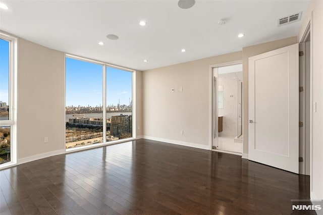 unfurnished room with dark wood-type flooring, a wealth of natural light, and floor to ceiling windows