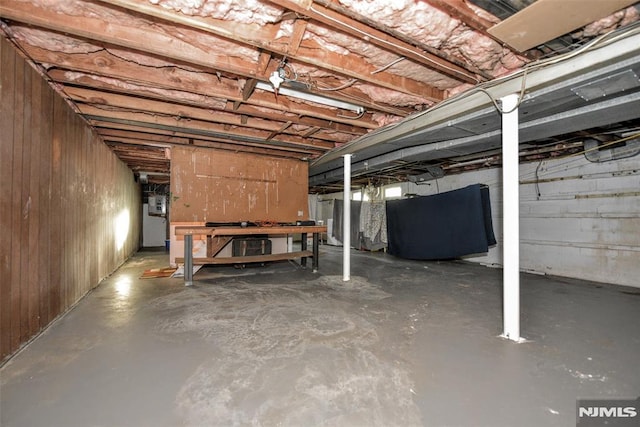 basement featuring wood walls