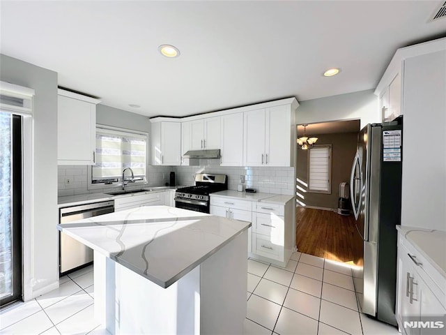 kitchen with backsplash, a kitchen island, sink, white cabinetry, and appliances with stainless steel finishes