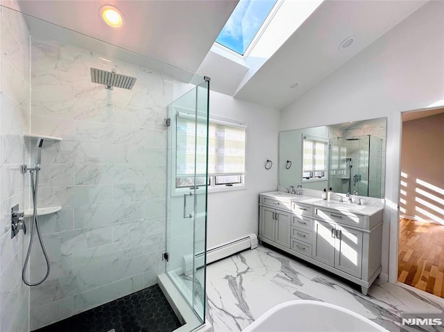 bathroom featuring a baseboard radiator, lofted ceiling with skylight, independent shower and bath, and vanity