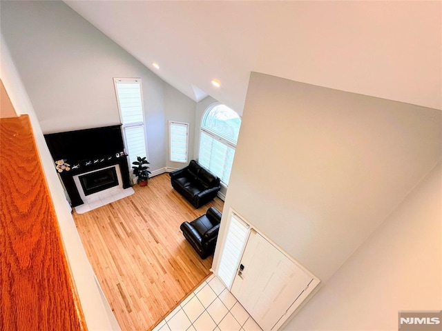 living room with lofted ceiling, a fireplace, and light hardwood / wood-style flooring